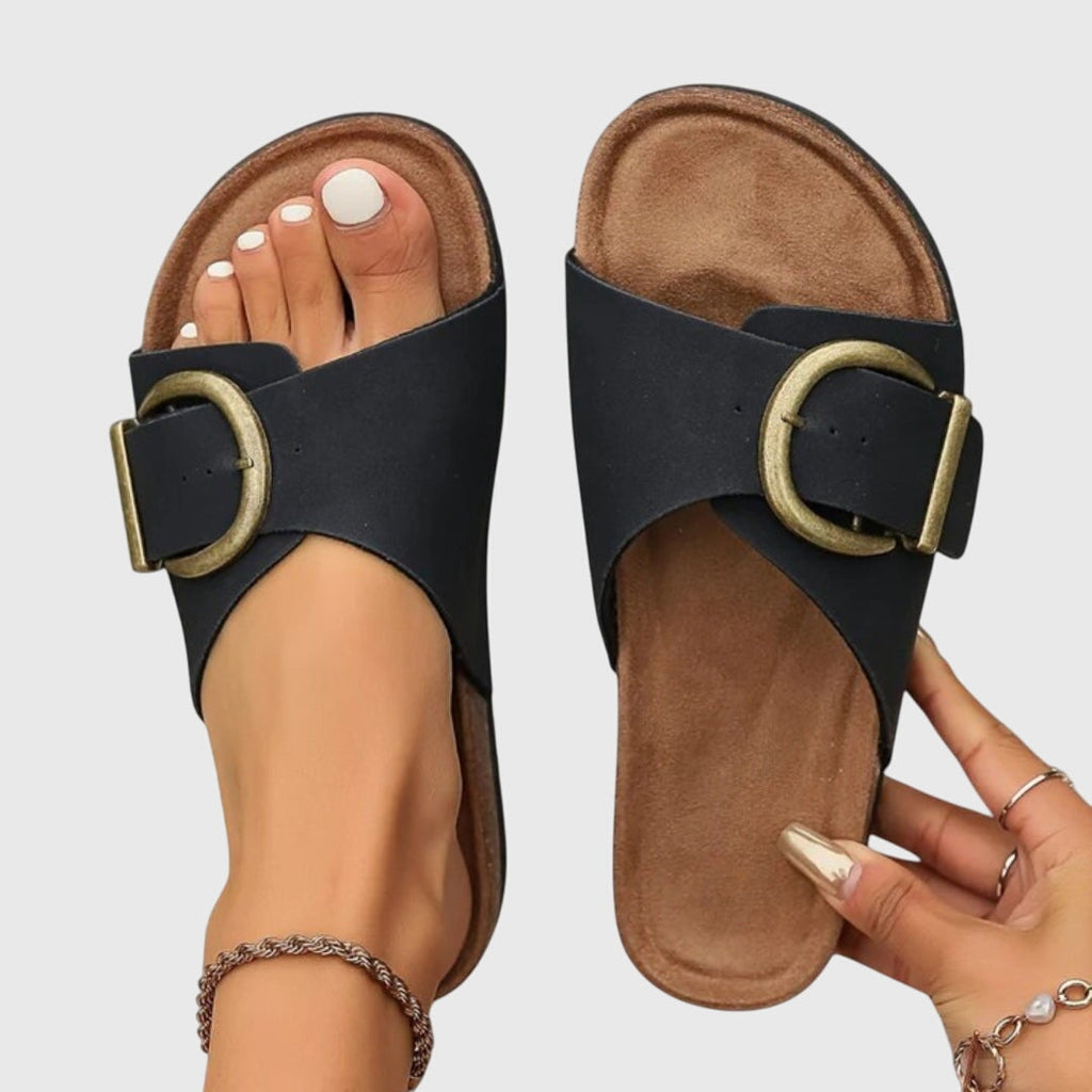 Women's Casual Wide Toe Buckle Detail Slide Sandals | Slip On
