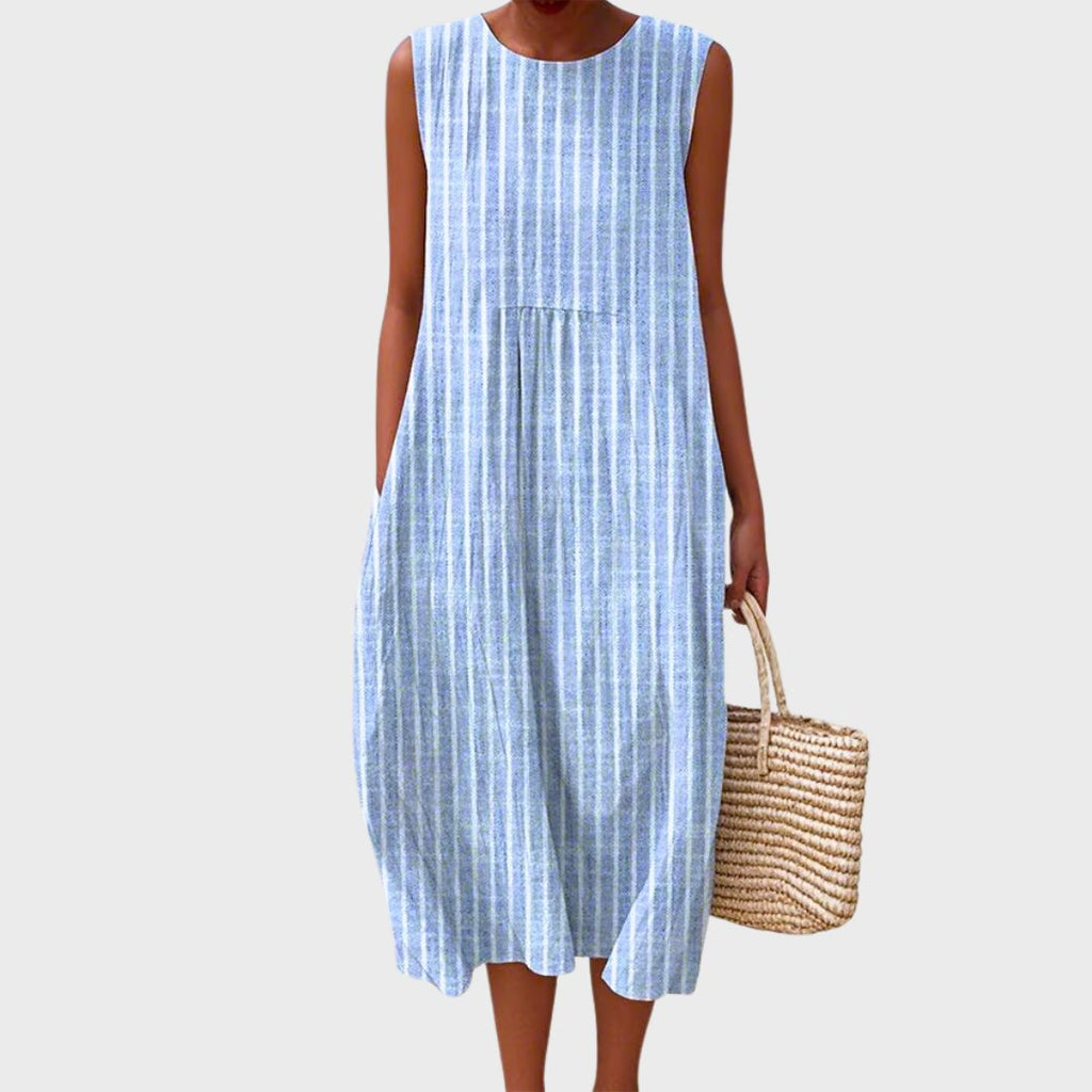 Women's Elegant Round Neck Loose Fit Summer Dress | Midi
