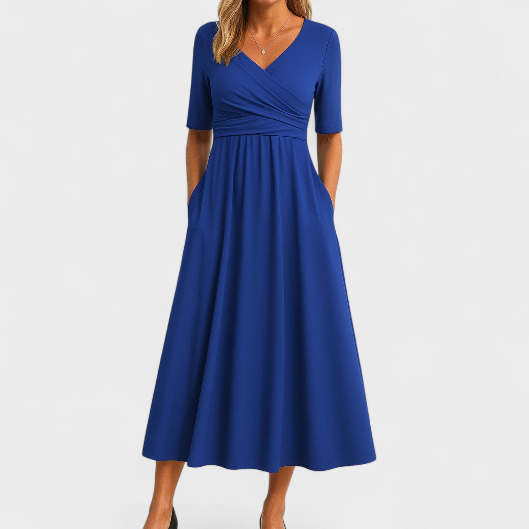 Women's Elegant Wrap Style Wedding Guest V-Neck Dress | Midi