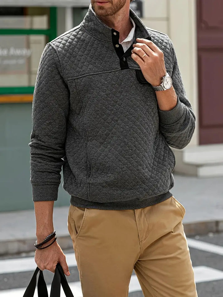Men’s Quilted Stand Collar Button Sweater | Side Pockets
