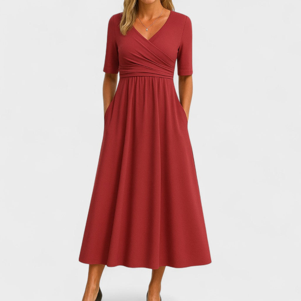 Women's Elegant Wrap Style Wedding Guest V-Neck Dress | Midi
