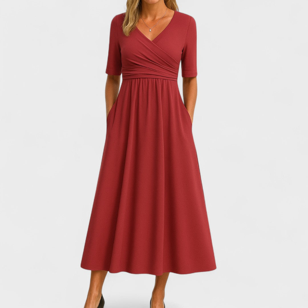 Women's Elegant Wrap Style Wedding Guest V-Neck Dress | Midi