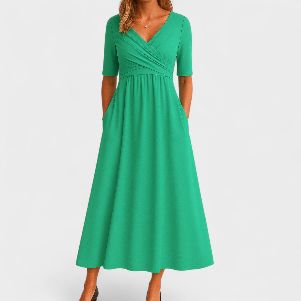 Women's Elegant Wrap Style Wedding Guest V-Neck Dress | Midi