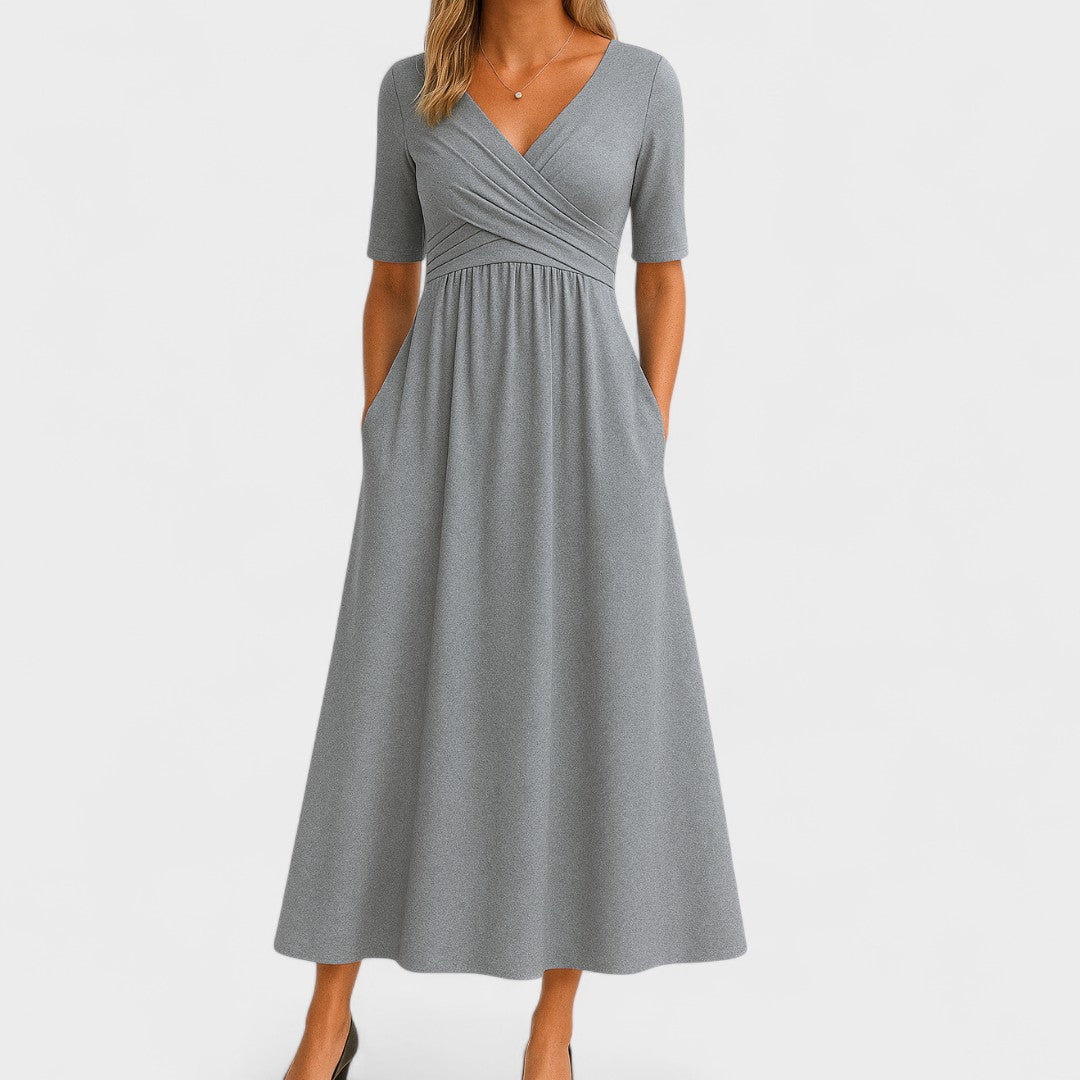 Women's Elegant Wrap Style Wedding Guest V-Neck Dress | Midi