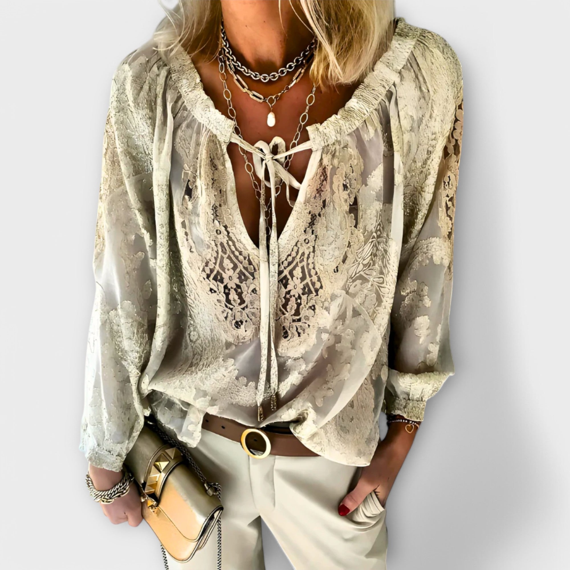 Women's Boho Chique Tie-Neck Blouse | Long Sleeves
