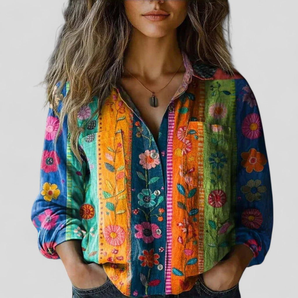 Women's Vintage Floral Print Blouse with Chest Pockets | Long Sleeves