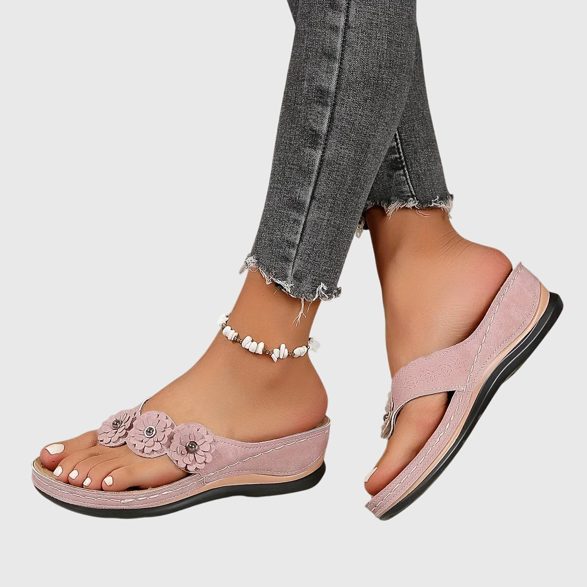 Women's Boho Floral Detail Thong Strap Sandals | Low Wedge