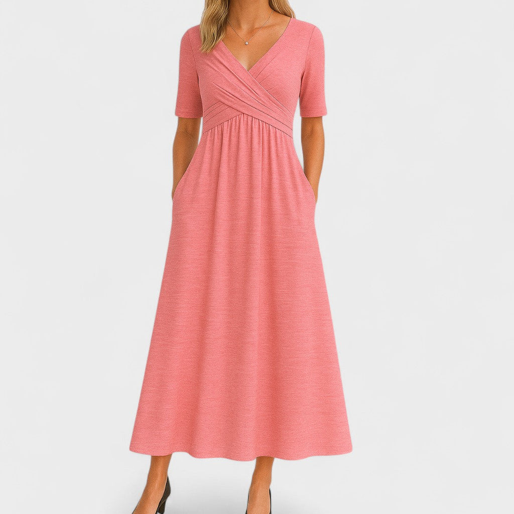 Women's Elegant Wrap Style Wedding Guest V-Neck Dress | Midi