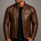 Men's Zip-Up Biker Jacket | Stand Collar