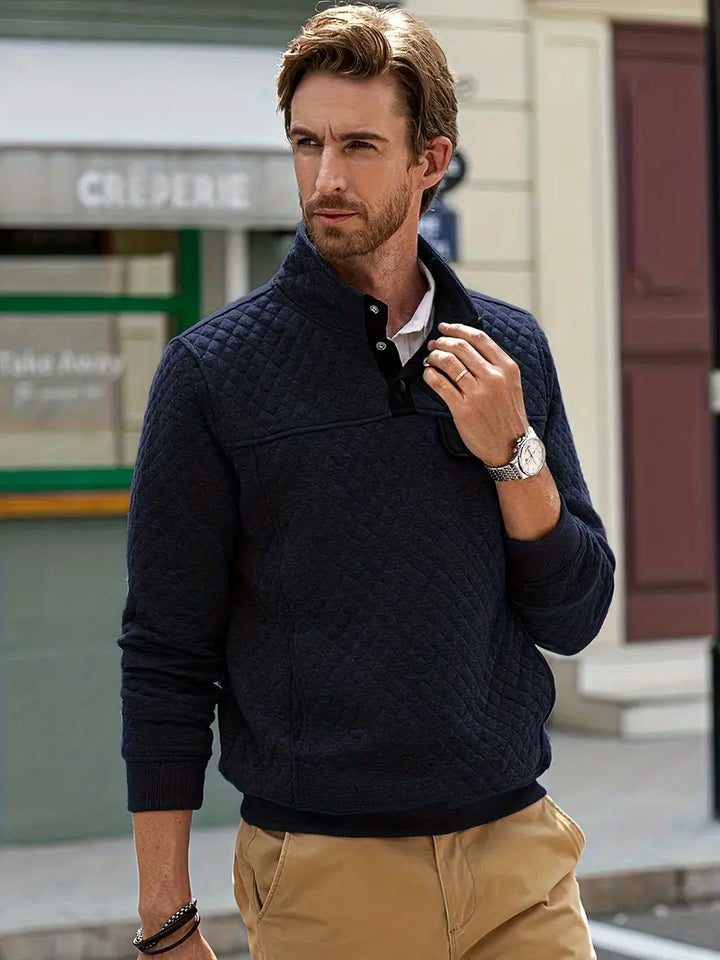 Men’s Quilted Stand Collar Button Sweater | Side Pockets