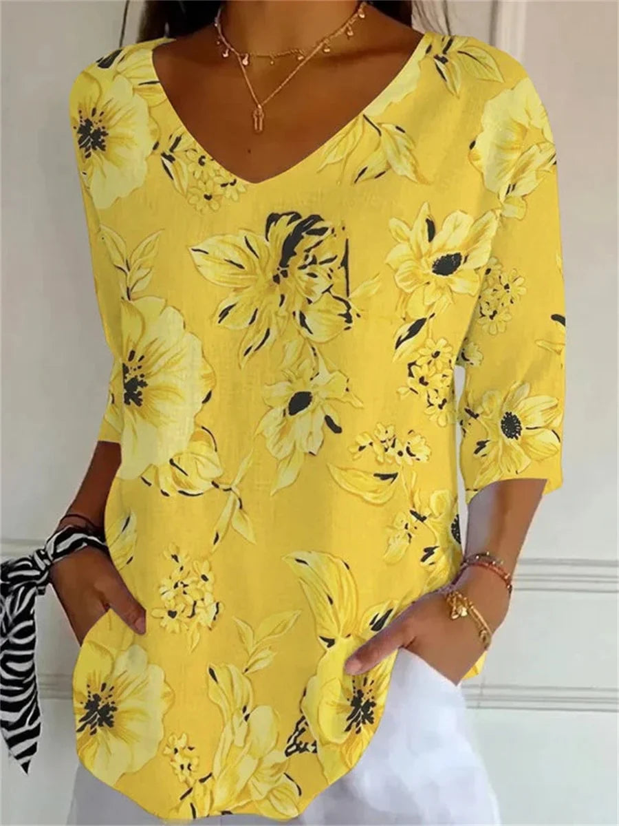 Women's Floral Print V-Neck Top | 3/4 Sleeve