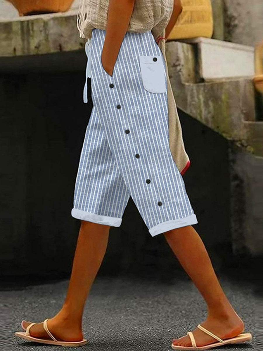 Women's Striped Side-Button Cropped Trousers | Pockets