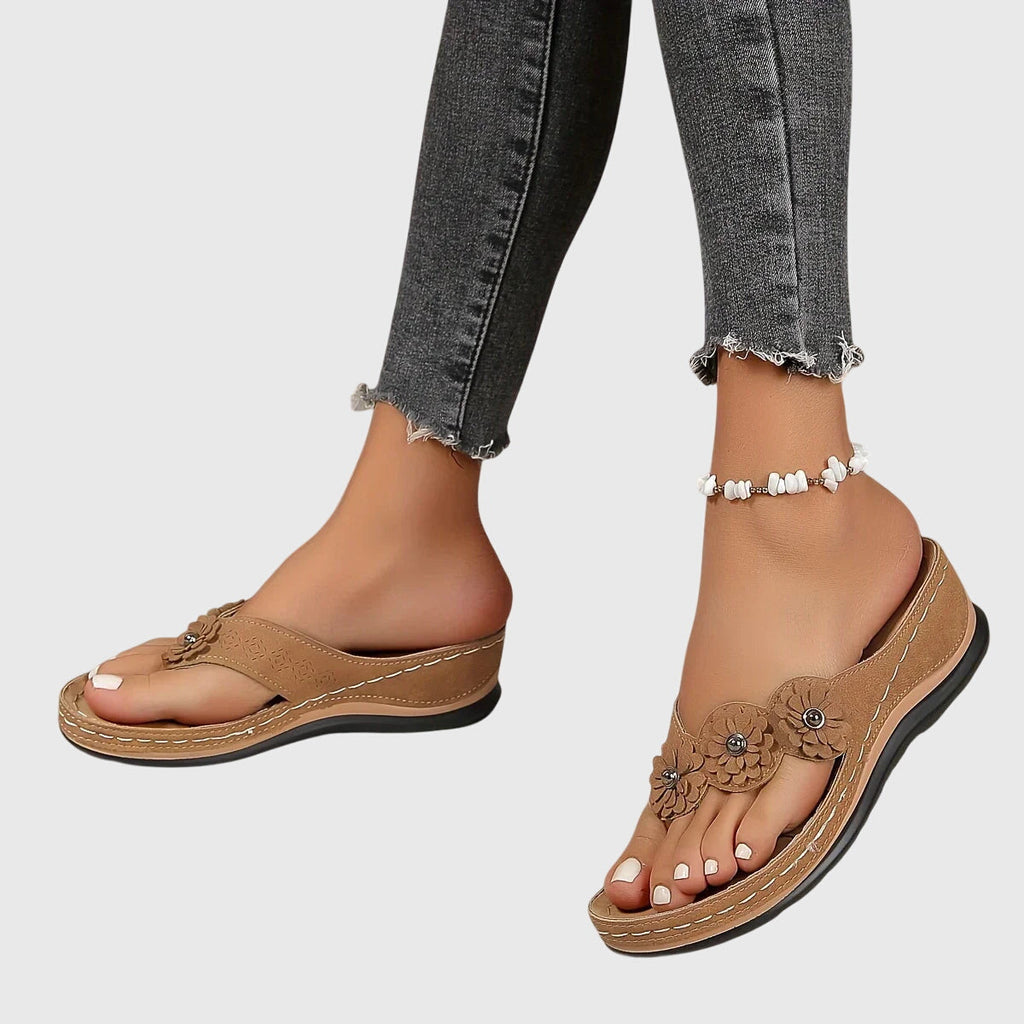 Women's Boho Floral Detail Thong Strap Sandals | Low Wedge