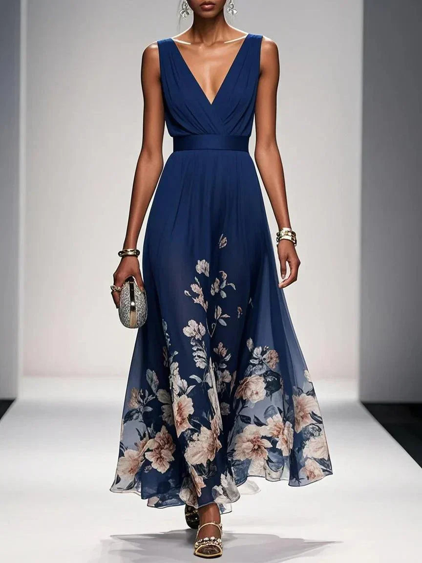 Women's Elegant Spring Floral Print Wedding Guest Dress | Maxi