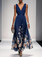 Women's Elegant Spring Floral Print Wedding Guest Dress | Maxi