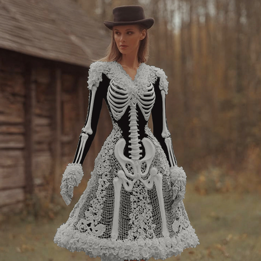Women's V-Neck Long Sleeve Midi Dress | Halloween