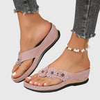 Women's Boho Floral Detail Thong Strap Sandals | Low Wedge