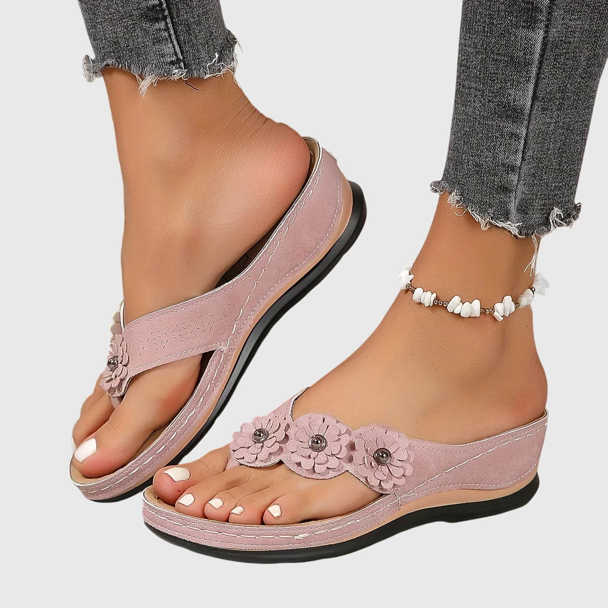 Women's Boho Floral Detail Thong Strap Sandals | Low Wedge