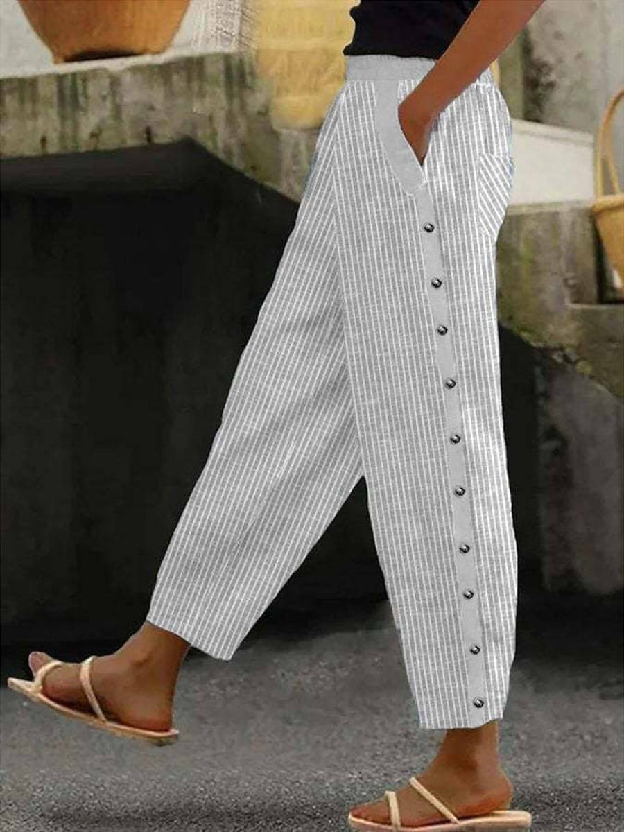 Women's Striped Trousers with Pockets | Side Buttons