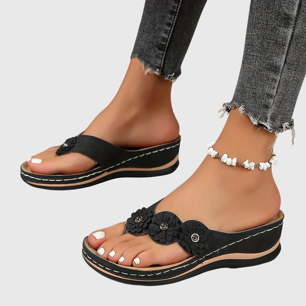 Women's Boho Floral Detail Thong Strap Sandals | Low Wedge