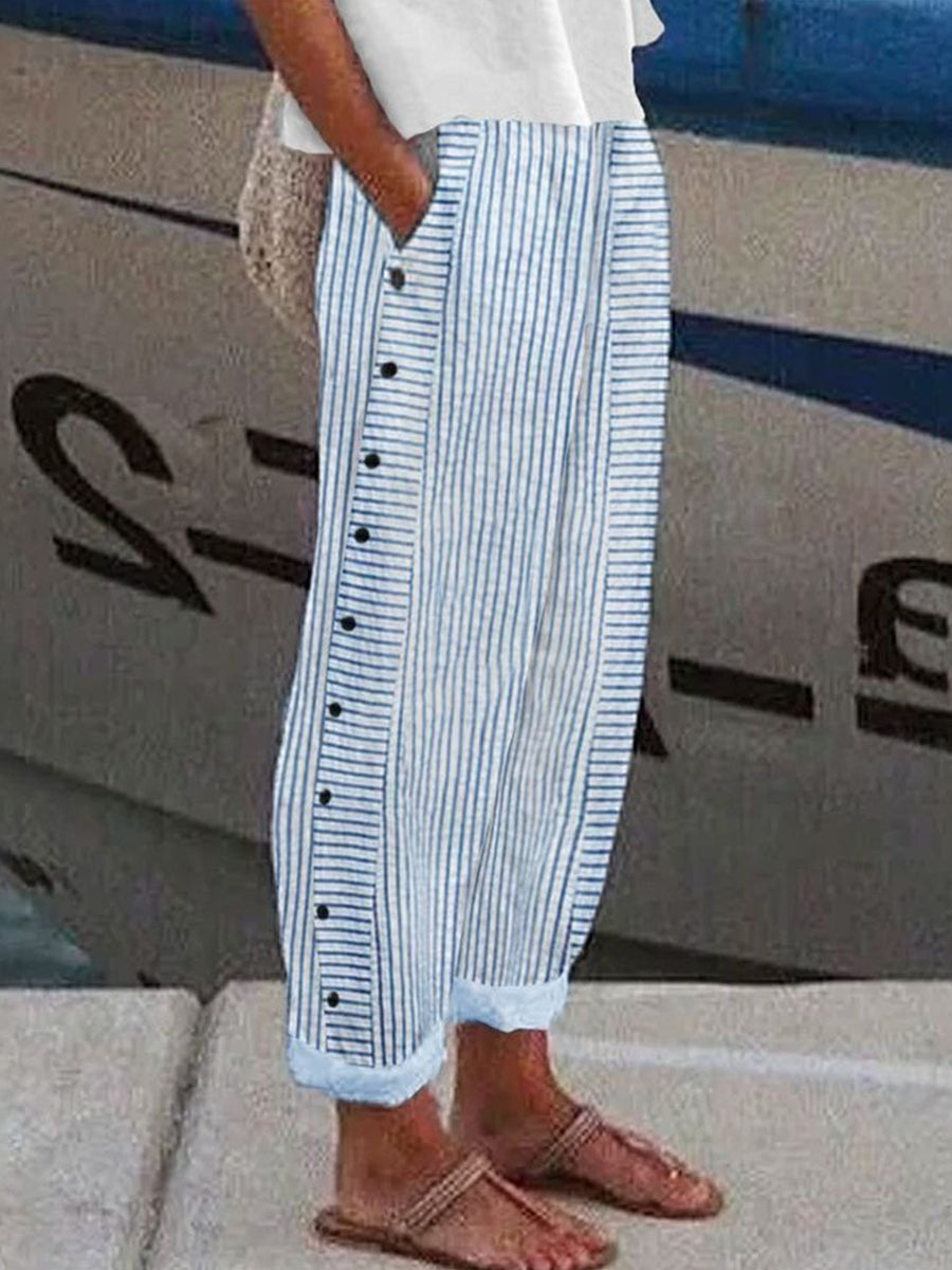 Women's Blue Striped Casual Trousers | Cropped