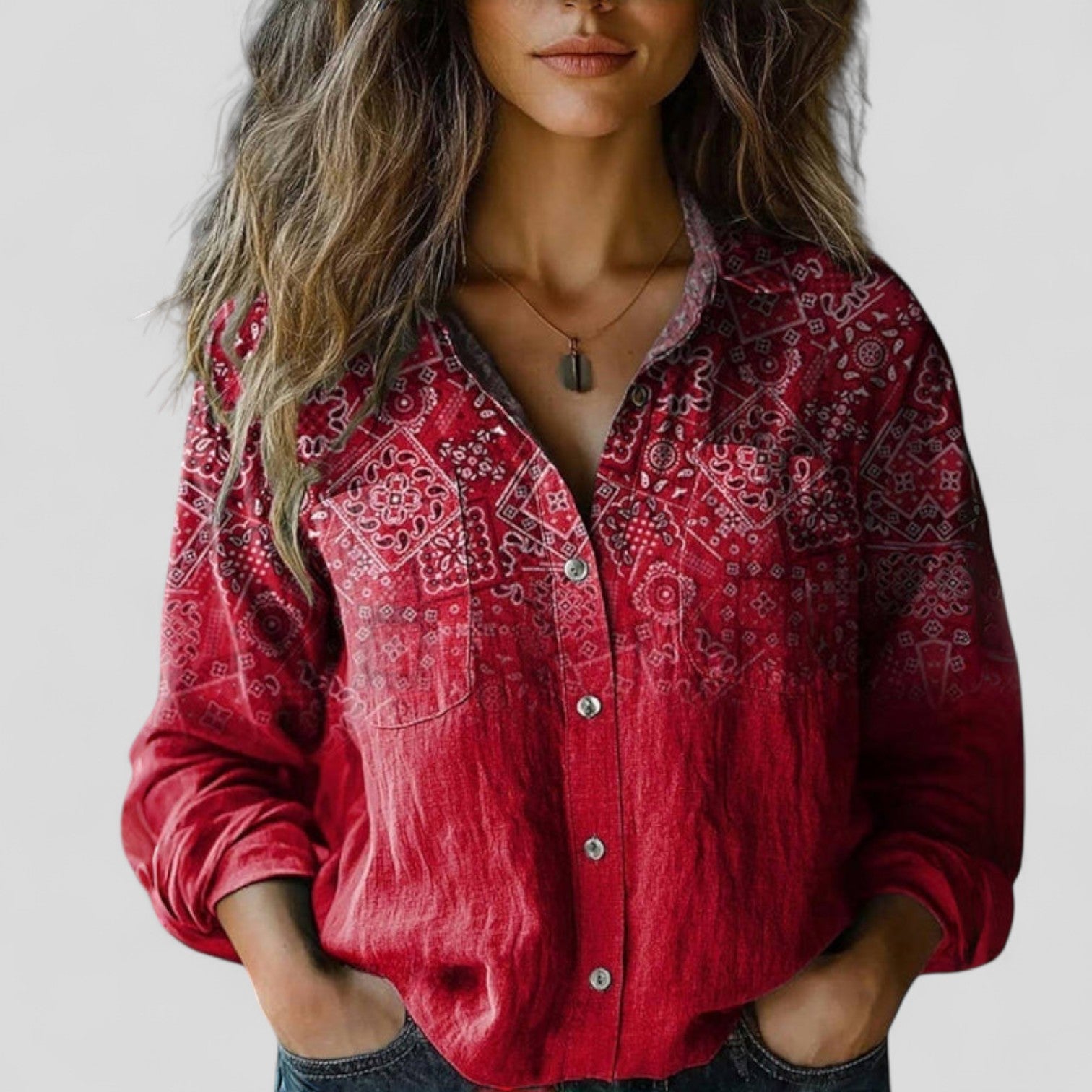 Women's Vintage Floral Print Blouse with Chest Pockets | Long Sleeves