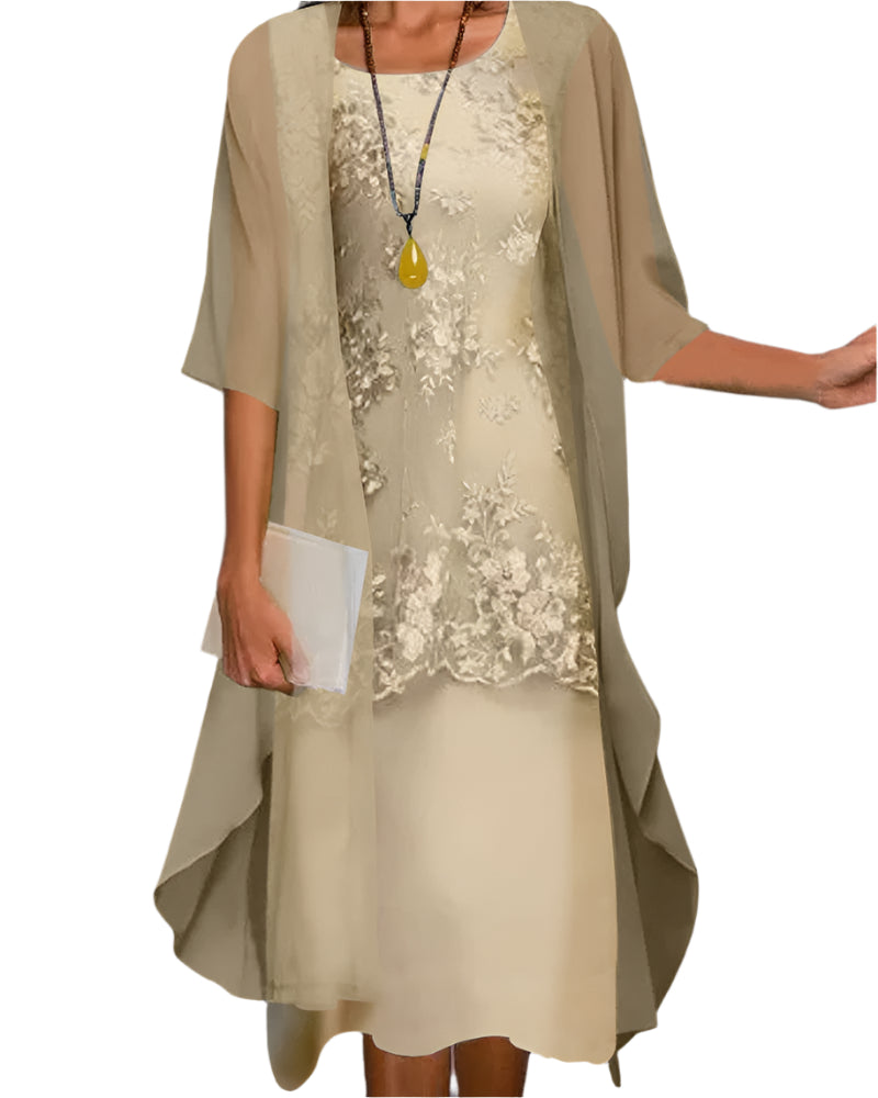 Women's Elegant Midi Dress and Sheer Cardigan Set | Two Piece