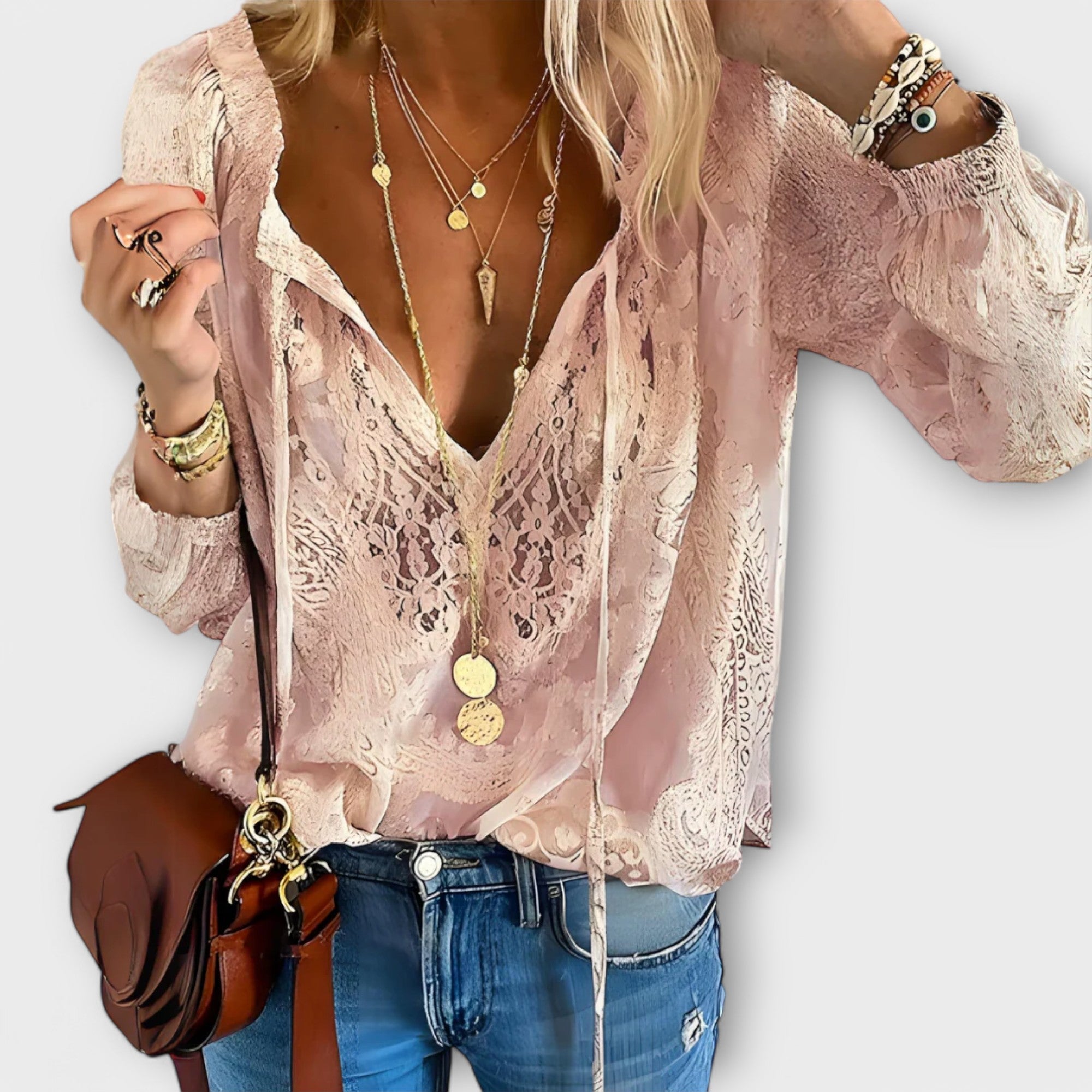 Women's Boho Chique Tie-Neck Blouse | Long Sleeves