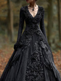 Women's Floral Long Sleeve Black Maxi Dress | Halloween