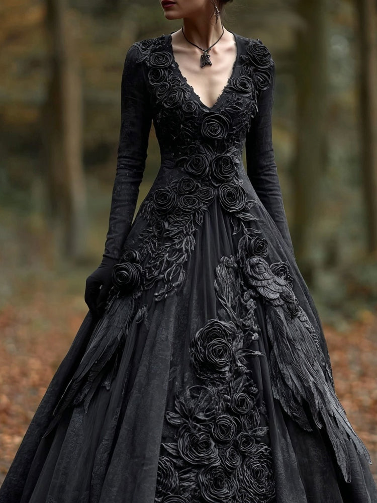 Women's Floral Long Sleeve Black Maxi Dress | Halloween