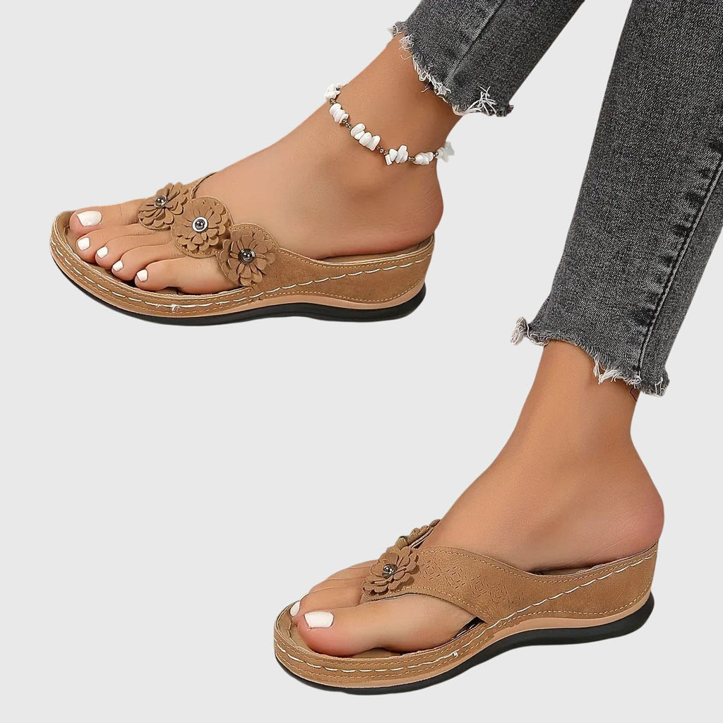 Women's Boho Floral Detail Thong Strap Sandals | Low Wedge