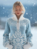 Women's Winter Fair Isle Knit Blue Sweater | Quarter Zip