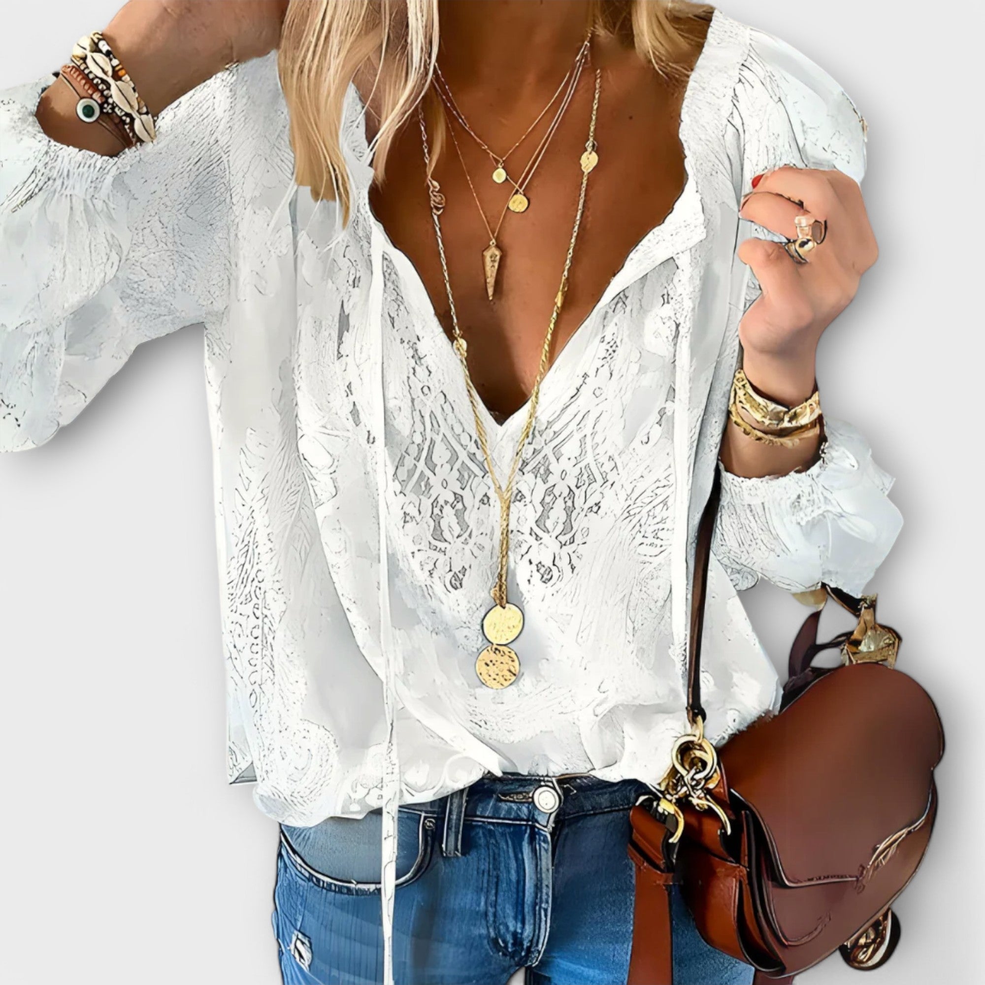 Women's Boho Chique Tie-Neck Blouse | Long Sleeves