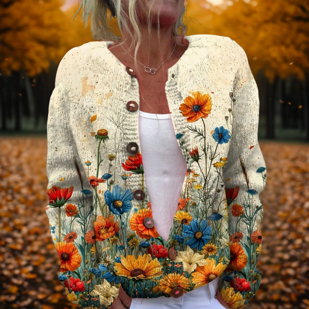 Women's Winter Button Up Knit Yellow Cardigan | Floral