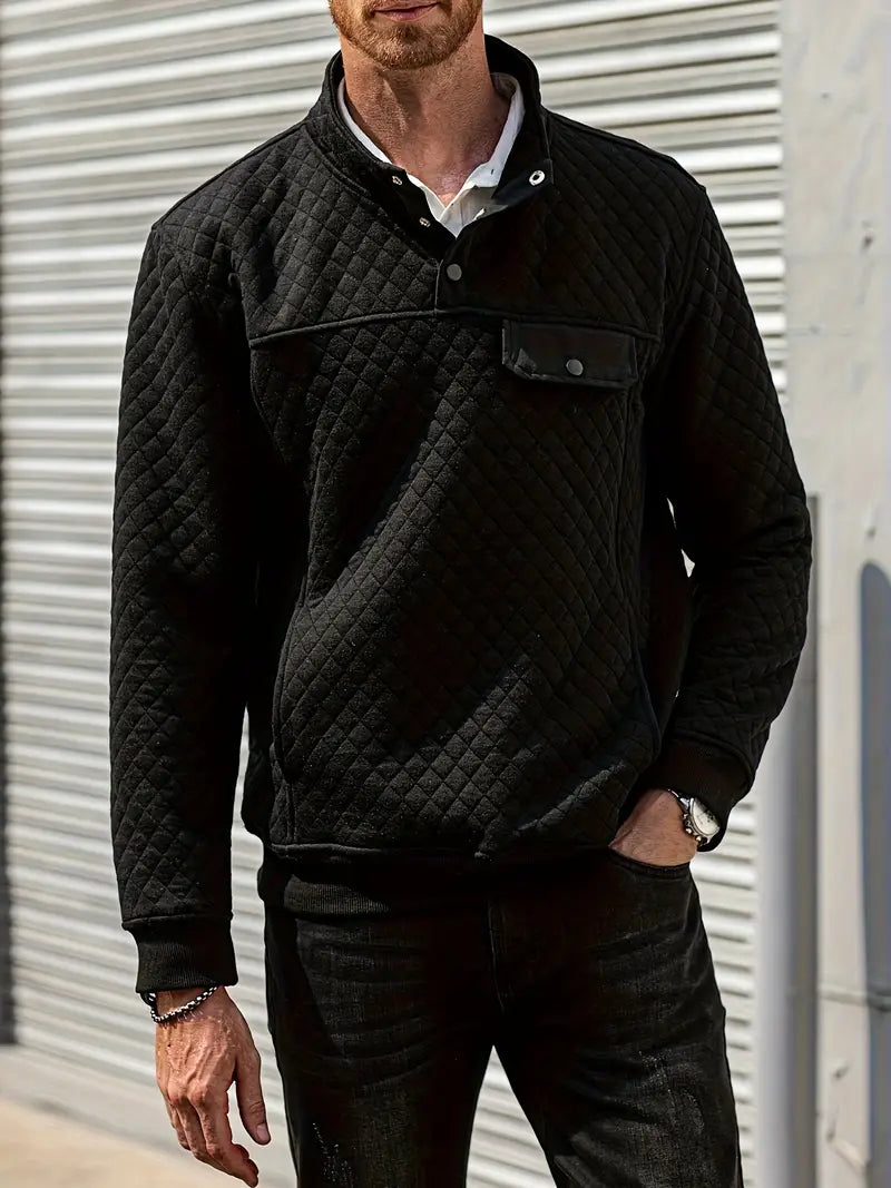 Men’s Quilted Stand Collar Button Sweater | Side Pockets