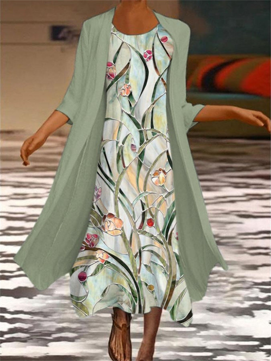 Women's Floral Print Dress and Longline Cardigan Set | Two Piece