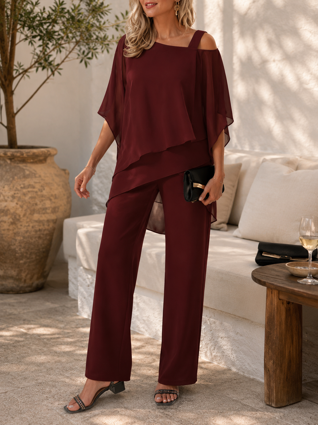 Women's Elegant Loose Fit Blouse and Pants Set | Two-Piece