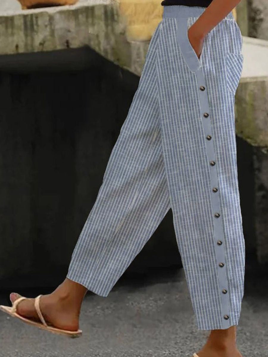 Women's Striped Trousers with Pockets | Side Buttons