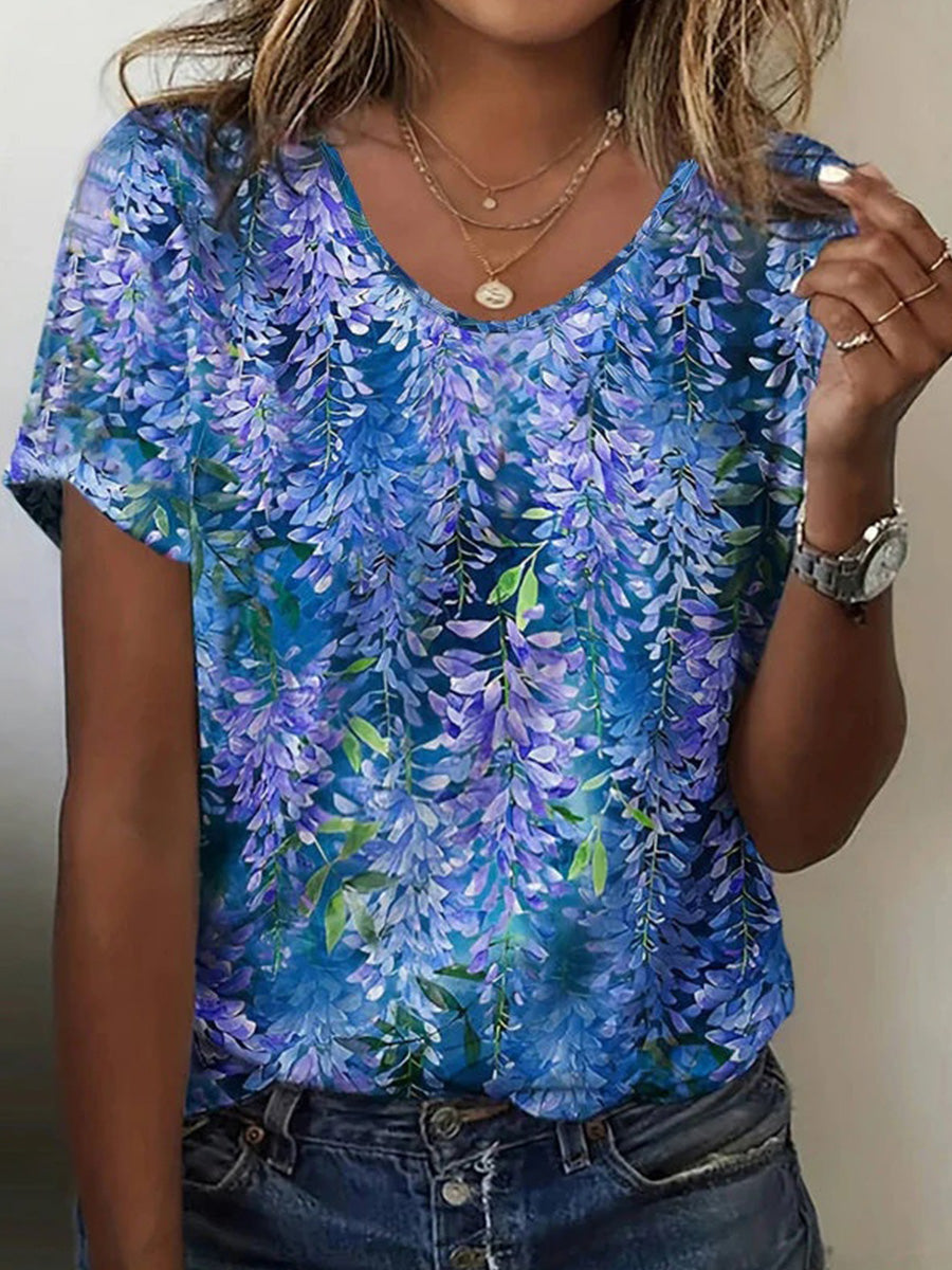 Women's Floral Print Short Sleeve T-Shirt | Round Neck