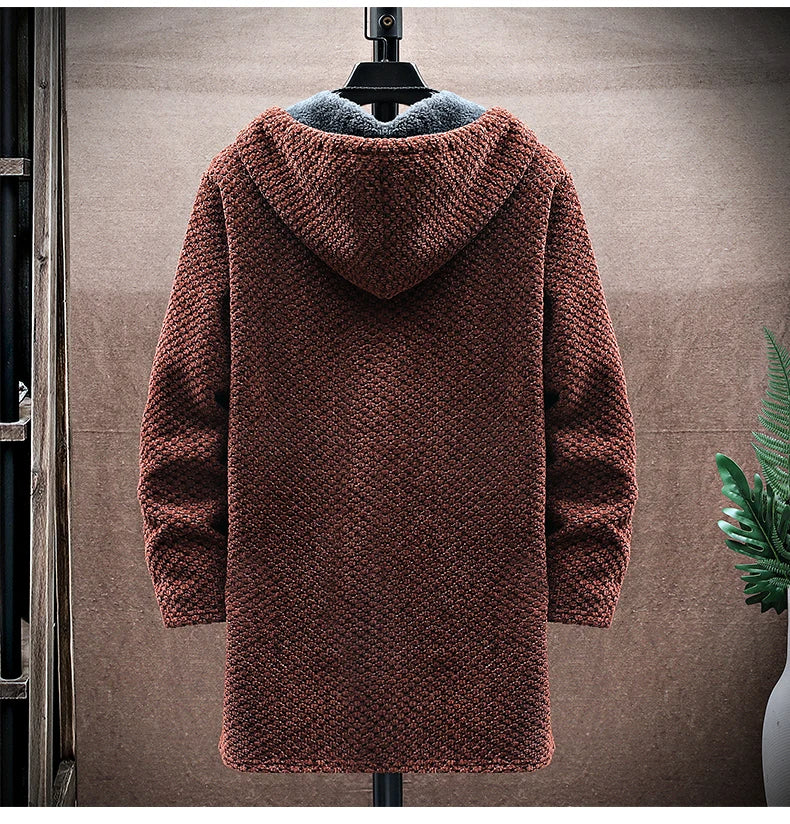Men's Winter Knit Hooded Zip Up Jacket | Long