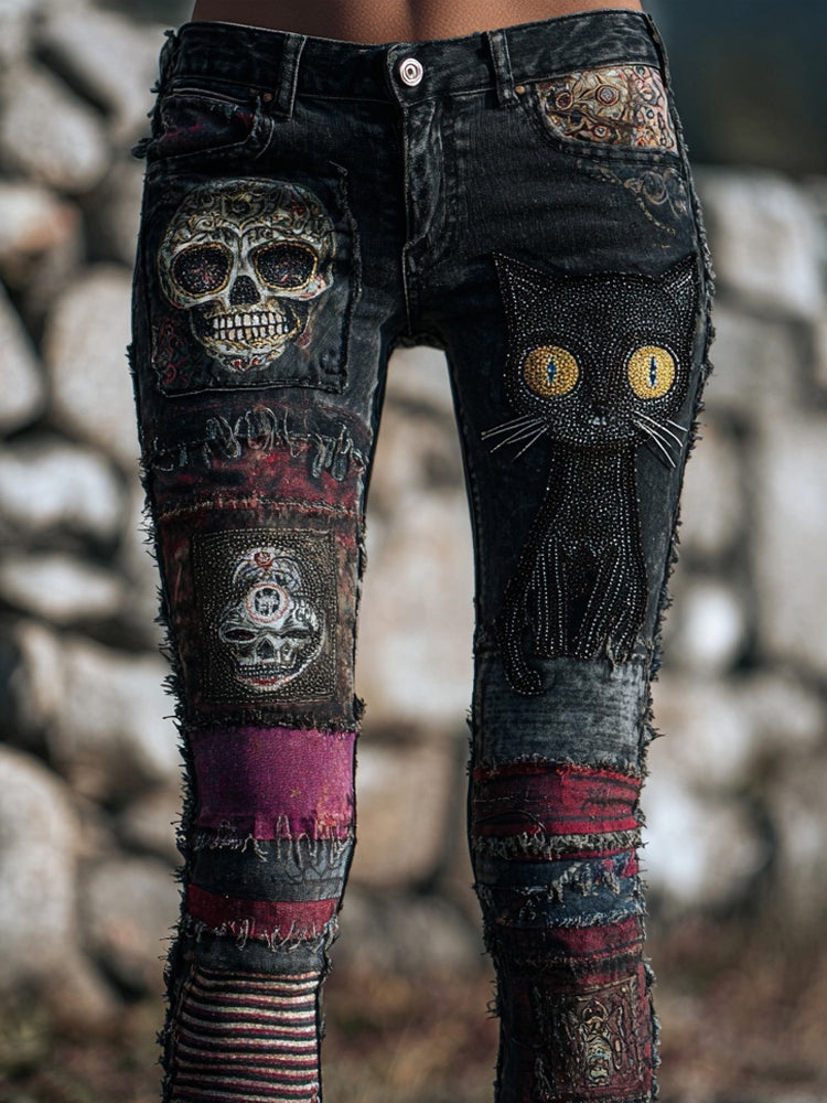 Women's Casual Vintage Slim Fit Black Pant | Halloween