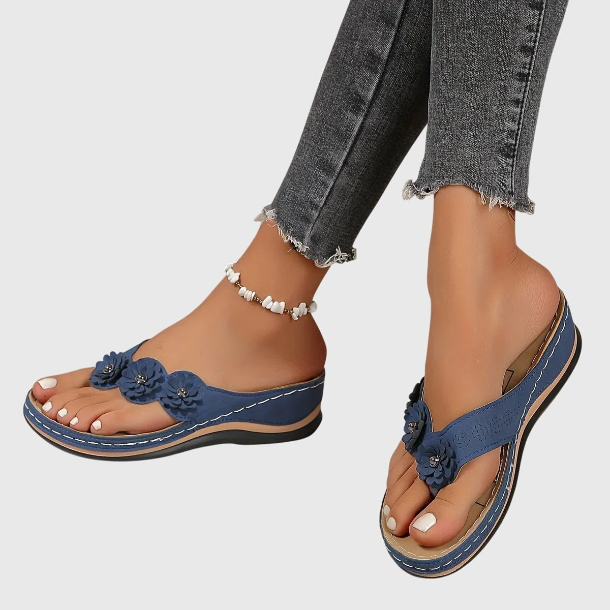 Women's Boho Floral Detail Thong Strap Sandals | Low Wedge