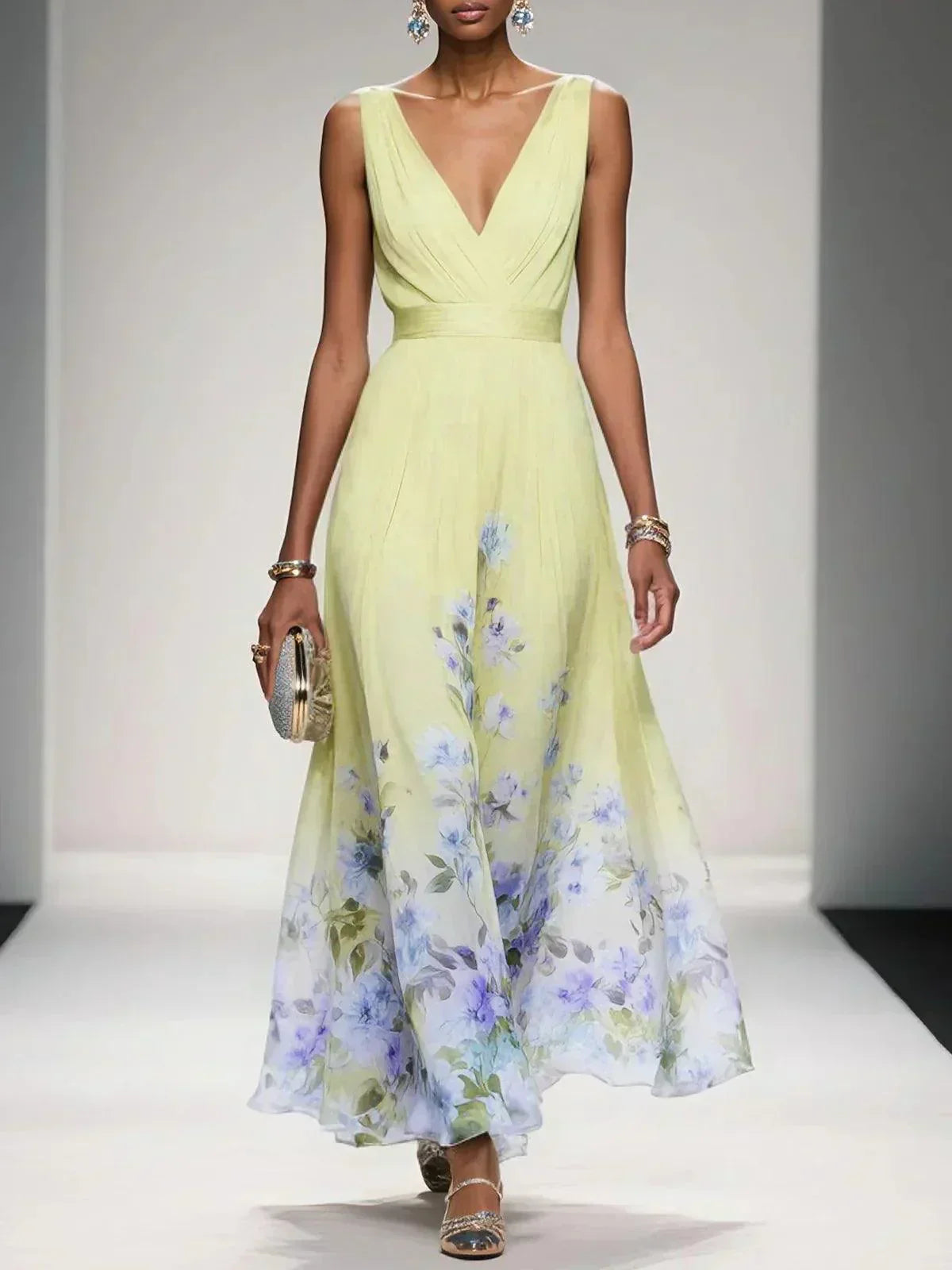 Women's Elegant Spring Floral Print Wedding Guest Dress | Maxi
