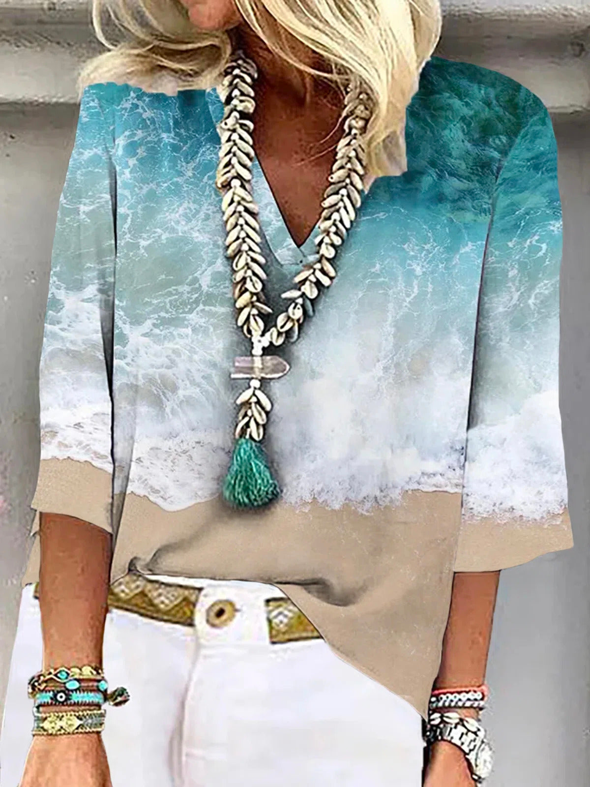 Women's V-Neck Abstract Print Top | 3/4 Sleeve
