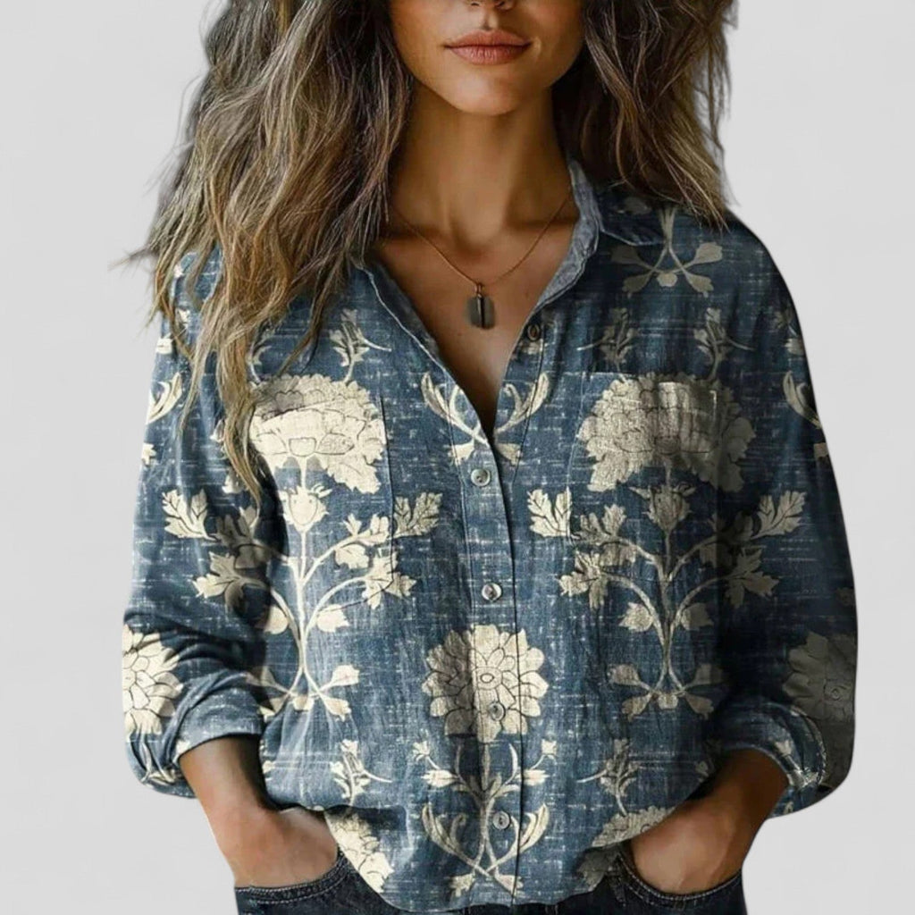 Women's Vintage Floral Print Blouse with Chest Pockets | Long Sleeves