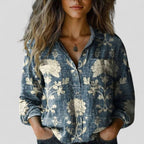 Women's Vintage Floral Print Blouse with Chest Pockets | Long Sleeves
