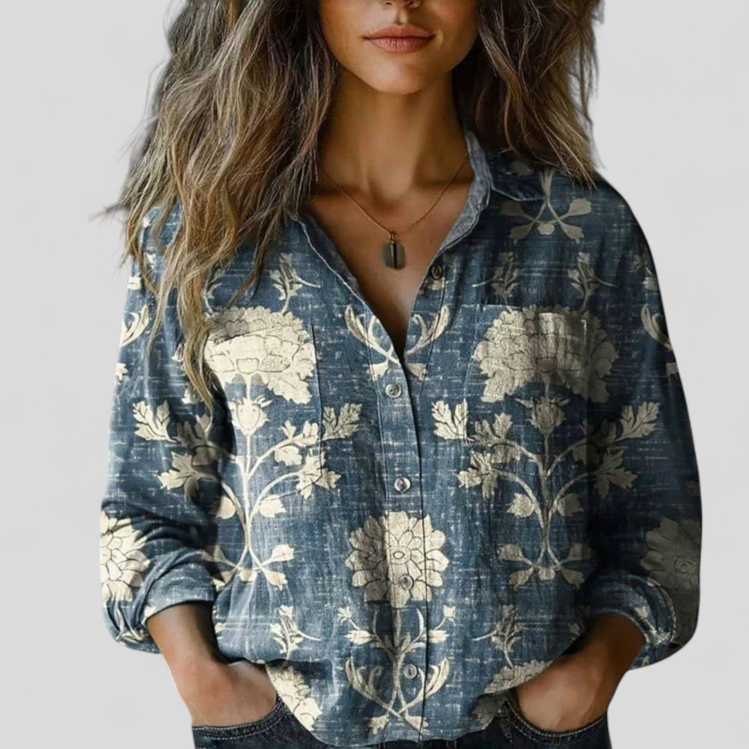 Women's Vintage Floral Print Blouse with Chest Pockets | Long Sleeves