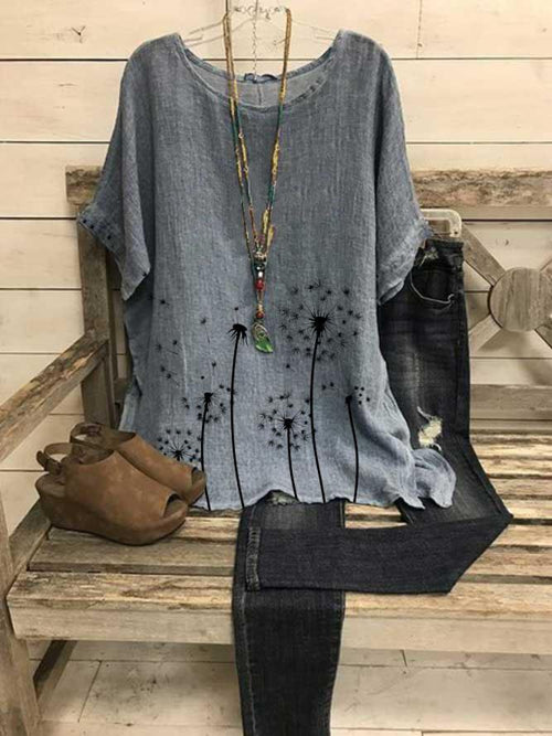 Women's Loose-Fit Dandelion Print Top | Short Sleeve