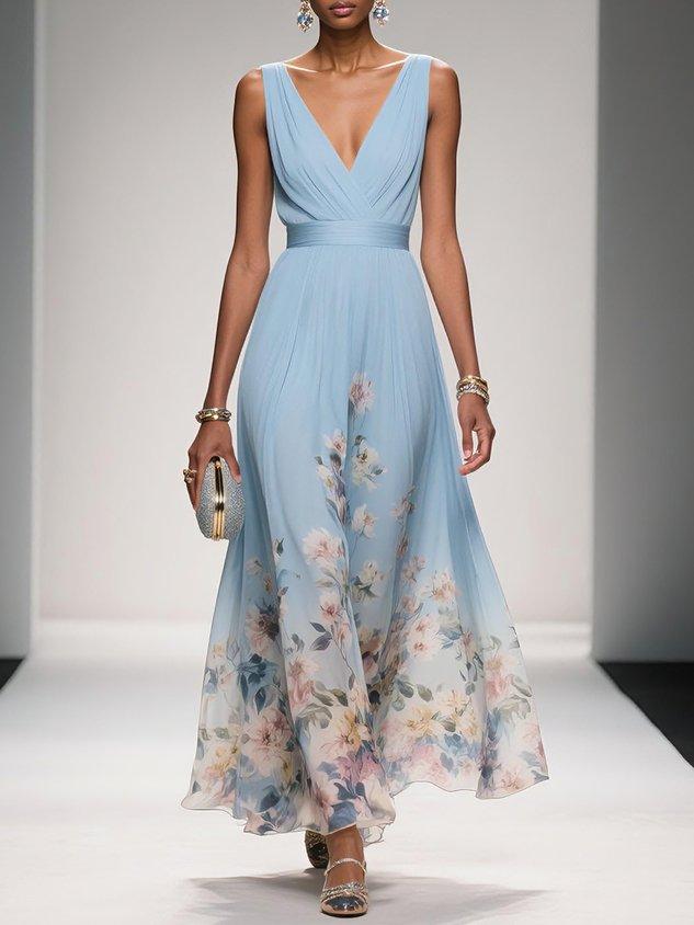 Women's Elegant Spring Floral Print Wedding Guest Dress | Maxi