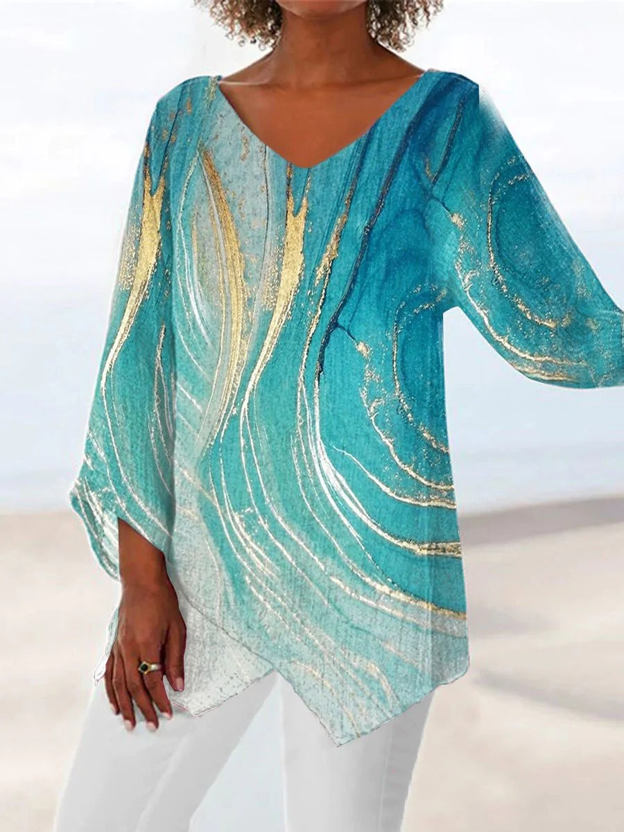 Women's Abstract Print V-Neck Top | Asymmetric Hem